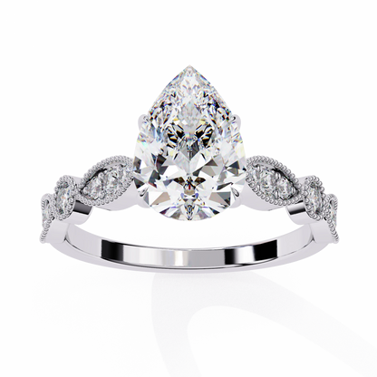 Pear Lab Grown Engagement Ring Vintage Style – Milgrain Marquise Diamond Accents