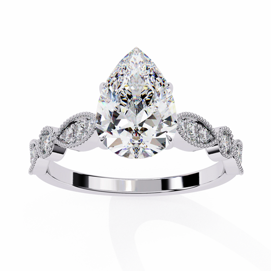 Pear Lab Grown Engagement Ring Vintage Style – Milgrain Marquise Diamond Accents