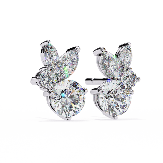 Round and Marquise Diamond Cluster Stud Earrings