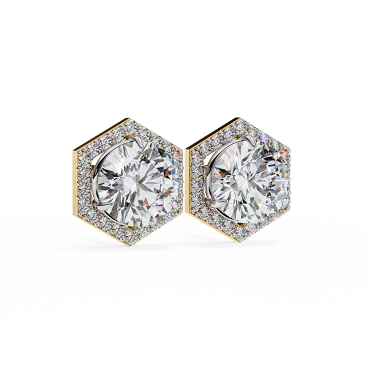 Elegant Hexagon Halo Round Diamond Stud Earrings