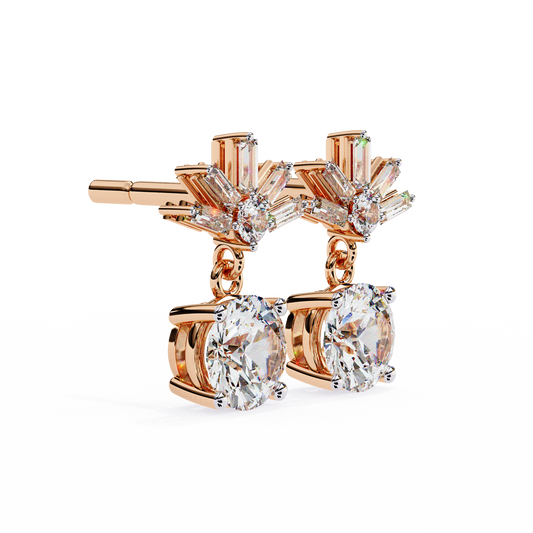 Stunning Round Diamond Drop Earrings Accented with a Baguette Halo